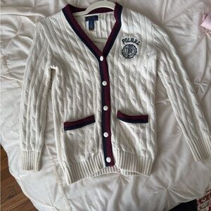 Polo by Ralph Lauren Cream Cable-Knit Cardigan with Navy & Burgundy Trim